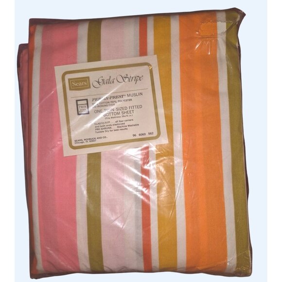 Sears Gala Stripe Twin Bright Fitted Sheet NOS Kitschy Vintage Eclectic New - Picture 1 of 5